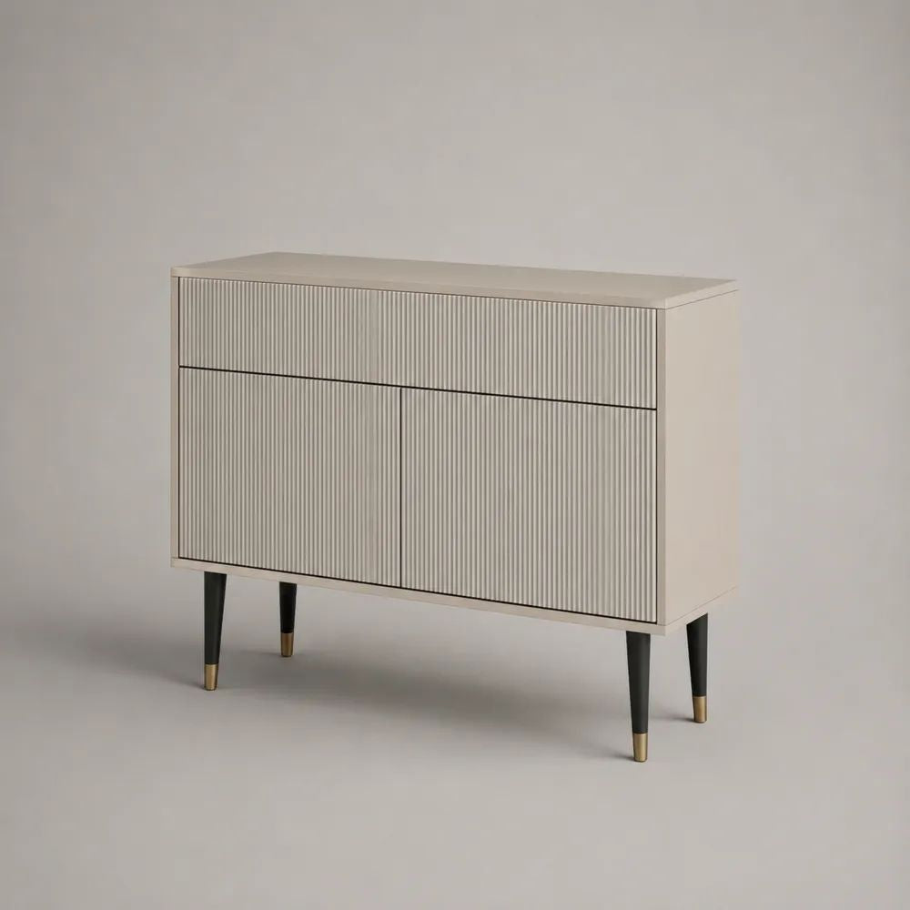Credenza rettangolare in MDF scanalato beige con 2 ante, 1 cassetto e gambe nere e ottone, 100 x 40 x 90 cm