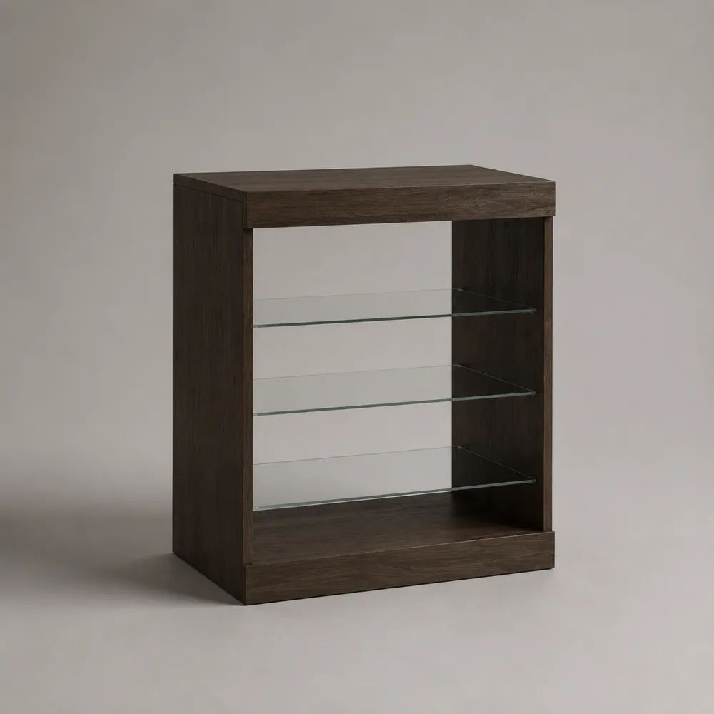 Credenza aperta rettangolare in legno e vetro con 3 ripiani, marrone scuro e trasparente, 80 x 35 x 90 cm