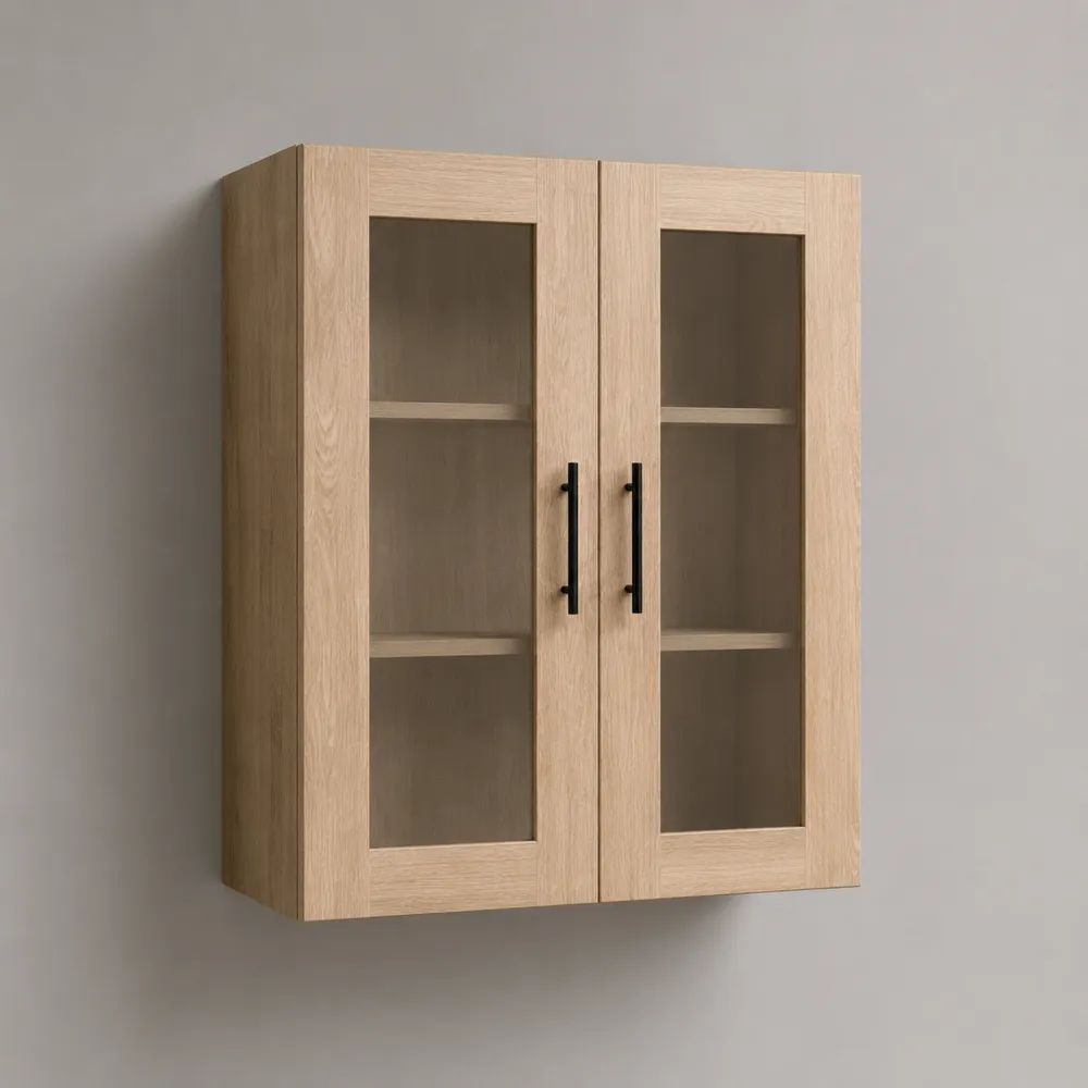 Vetrina pensile in MDF impiallacciato rovere con 2 ante in vetro, rovere naturale e nero, 80 × 25 × 100 cm