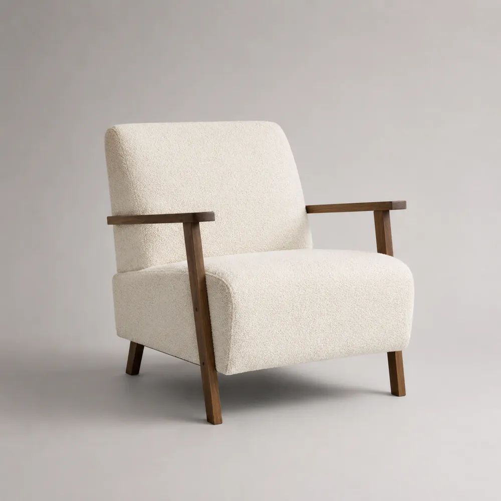 Poltrona lounge monoposto in tessuto bouclé e legno con braccioli, crema e marrone, 74 x 78 x 83 cm