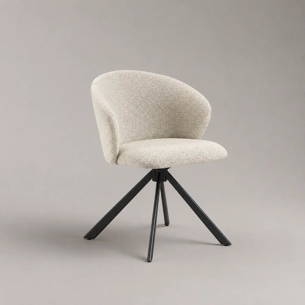 Sedia da pranzo girevole imbottita in tessuto bouclé con gambe in acciaio nero, schienale curvo beige, 59 x 60 x 78 cm