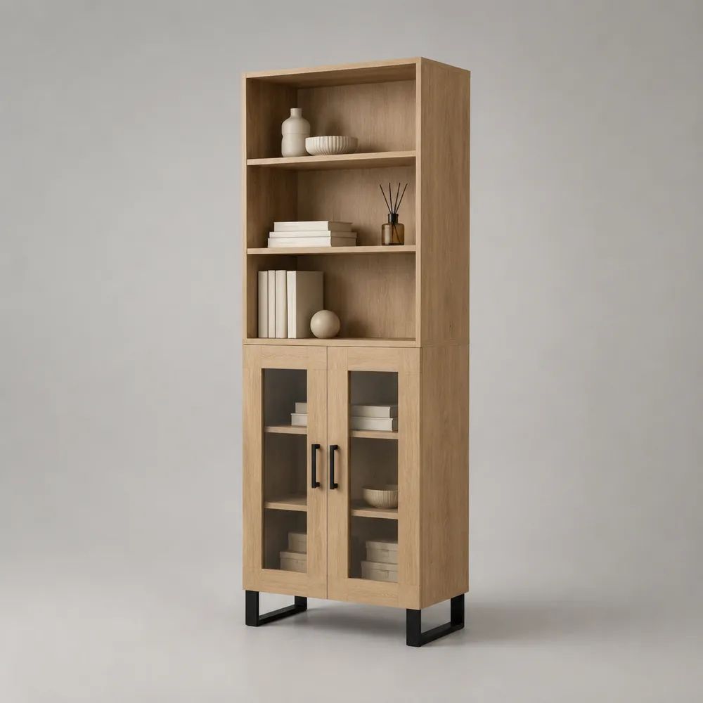 Credenza alta in legno e vetro, rovere naturale e nero, 75 × 35 × 190 cm