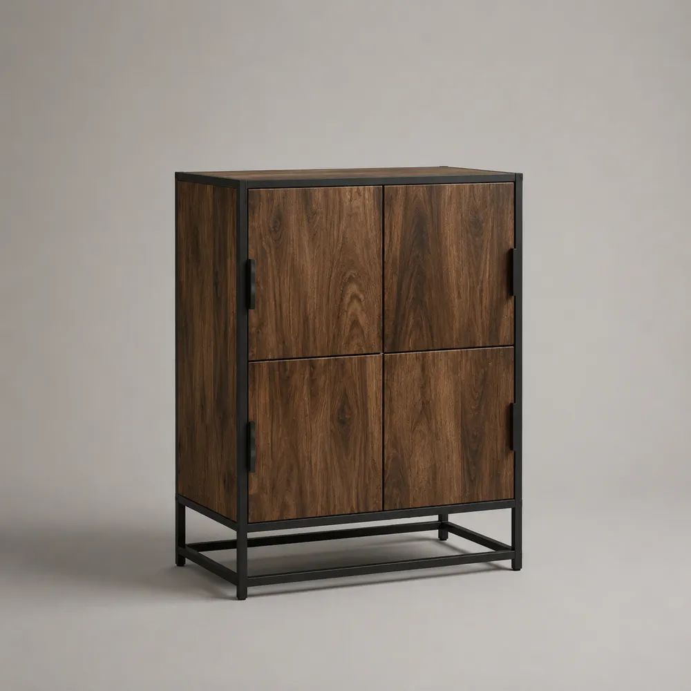Credenza alta a 4 ante in MDF effetto noce con telaio in acciaio nero, 80 x 40 x 100 cm