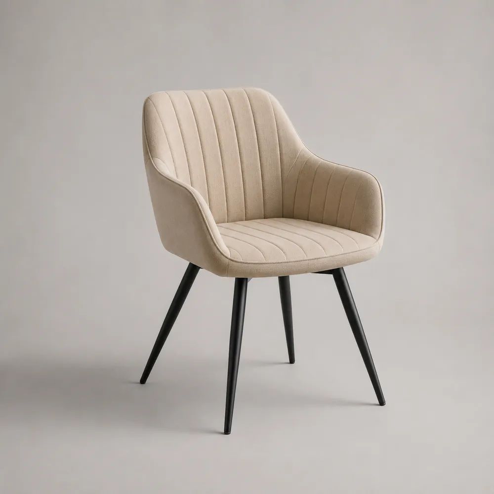 Sedia da pranzo imbottita con braccioli in tessuto e acciaio, beige e nera, 57 × 59 × 80 cm