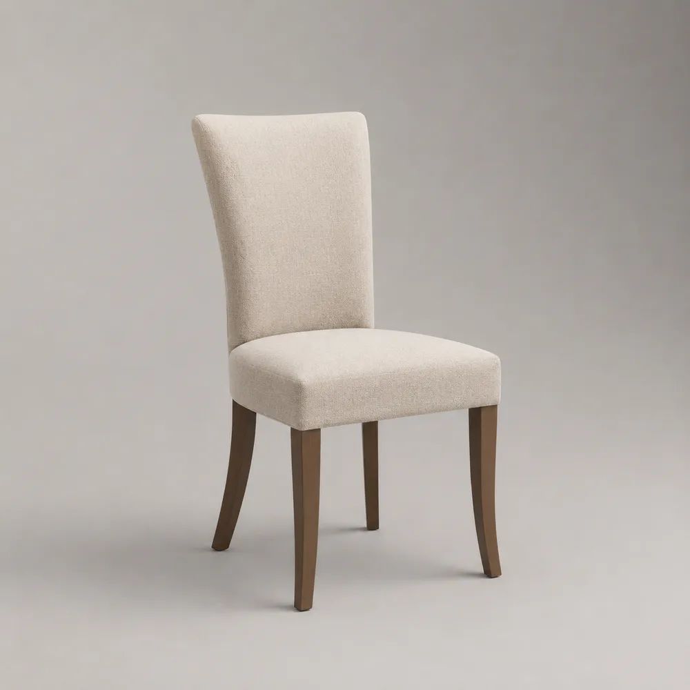 Sedia da pranzo imbottita in bouclé di poliestere e legno massello con schienale alto curvo, beige e marrone noce, 48 x 58 x 95 cm