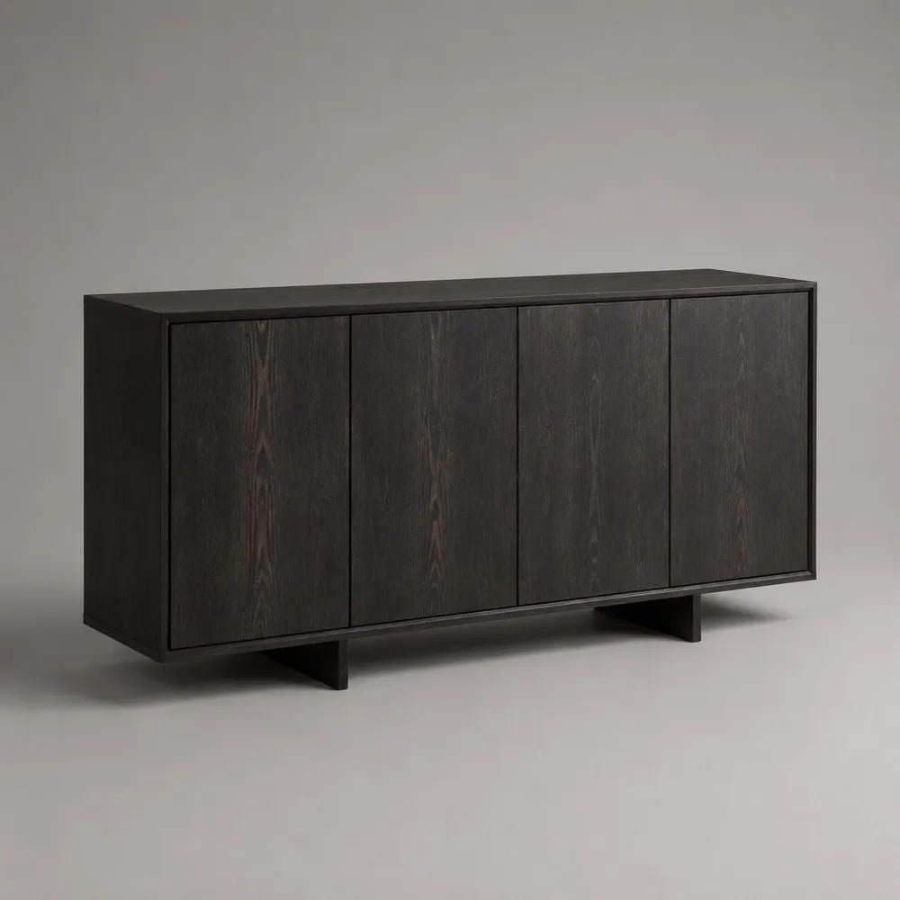 Credenza buffet rettangolare a 4 ante in MDF impiallacciato nero, 180 x 42 x 80 cm