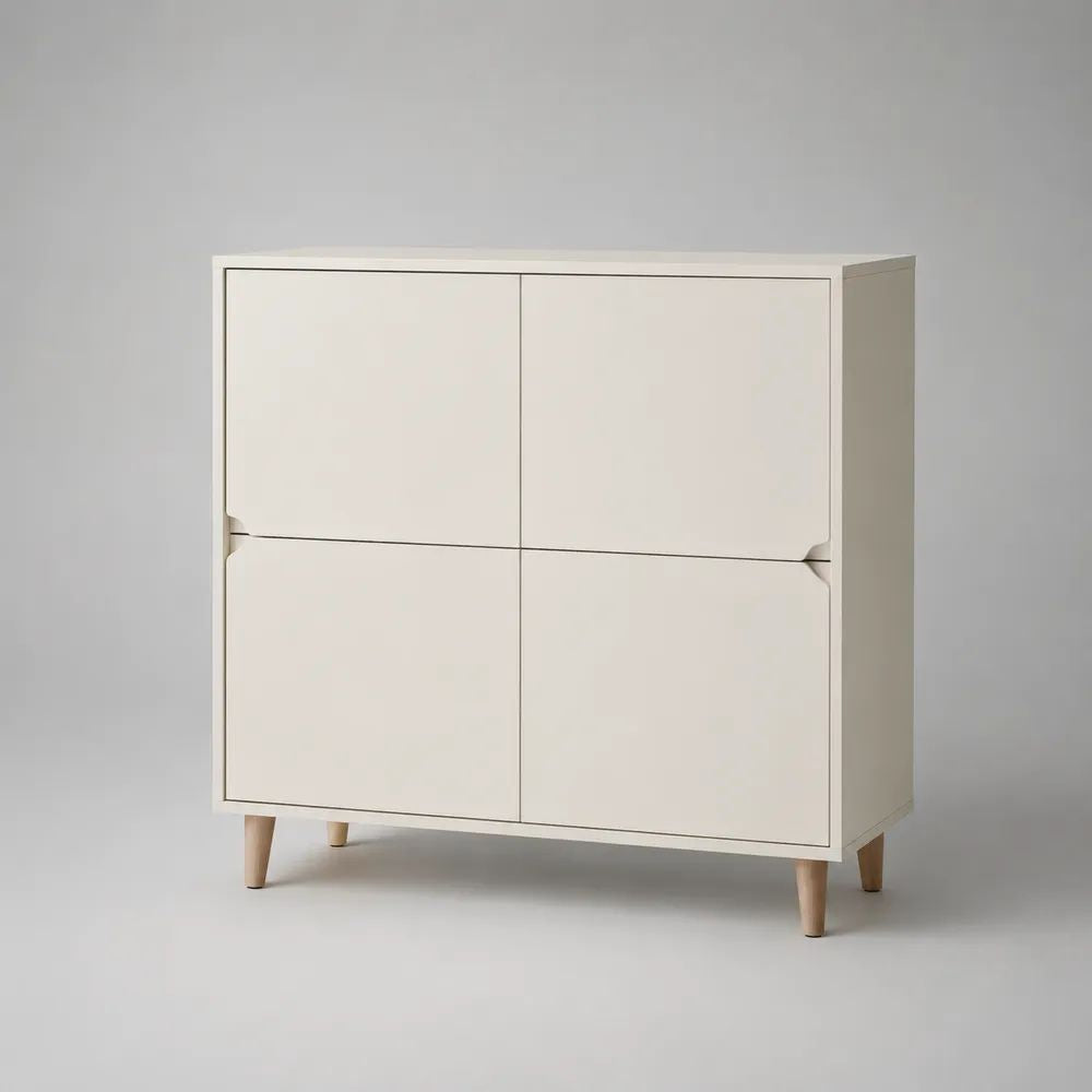 Credenza alta rettangolare in legno a 4 ante, avorio e faggio naturale, 100 x 40 x 110 cm