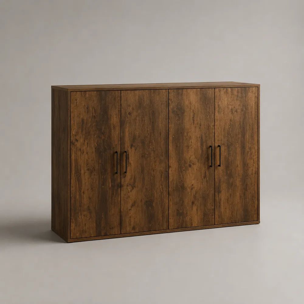 Credenza alta rettangolare in legno a 4 ante, marrone effetto legno con maniglie nere, 160 x 40 x 120 cm