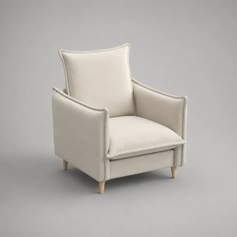 Poltrona imbottita beige in tessuto poliestere con braccioli e gambe in legno, 75 × 82 × 98 cm