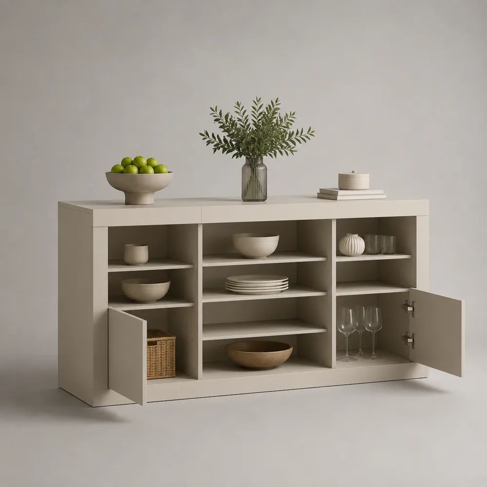 Credenza rettangolare in pannello truciolare beige tortora con 2 ante e 7 ripiani, 160 x 40 x 90 cm