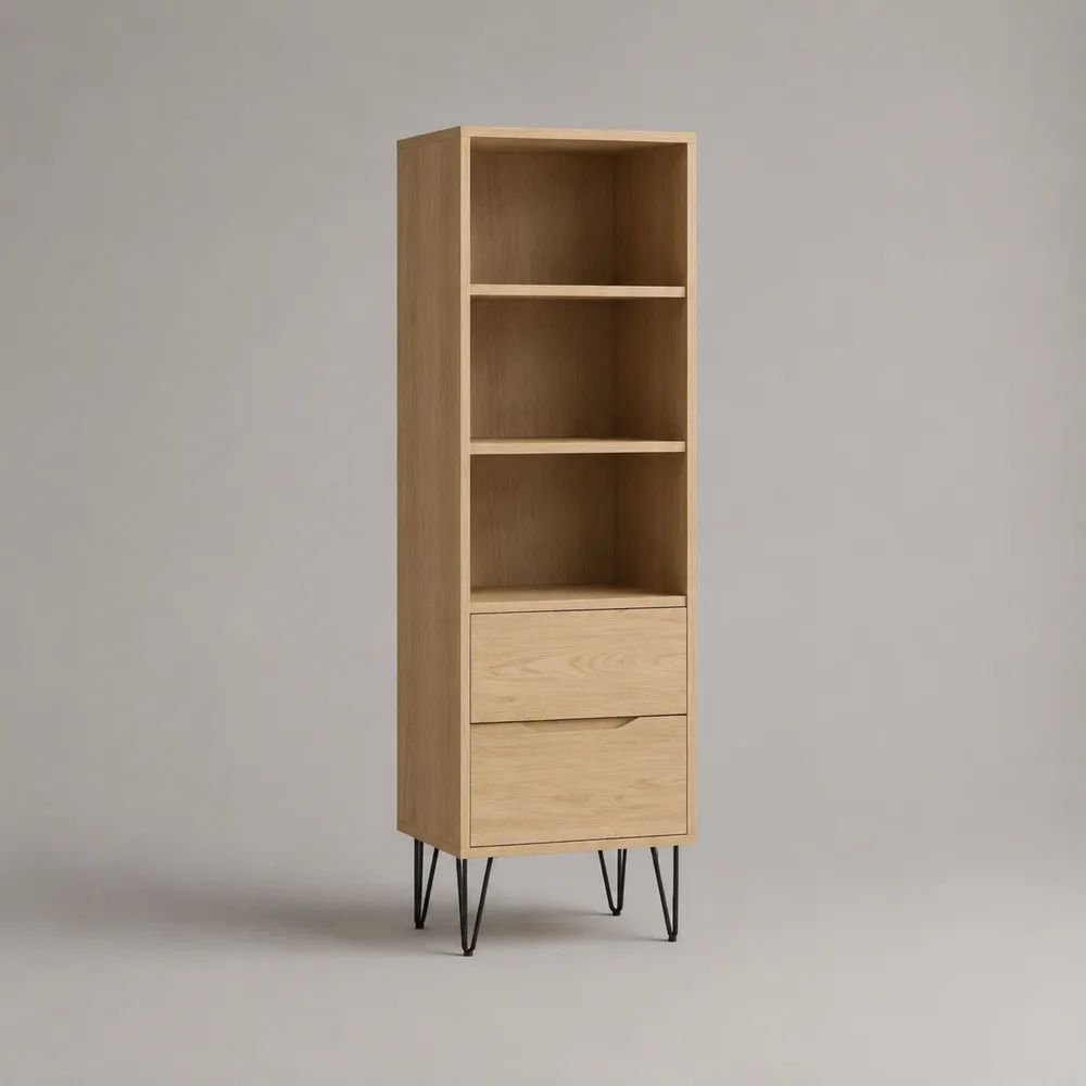 Credenza alta rettangolare in legno e metallo, rovere naturale e nero, con 3 vani e 2 cassetti, 50 x 35 x 160 cm
