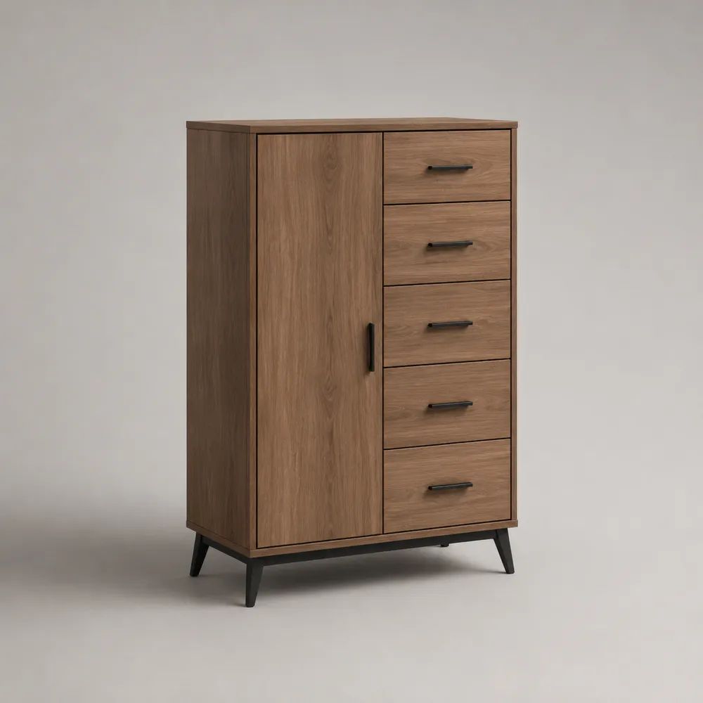 Credenza alta in legno e metallo effetto rovere e nero con 1 anta e 5 cassetti, 80 x 40 x 130 cm