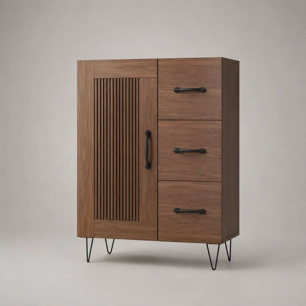 Credenza alta rettangolare in MDF impiallacciato in noce con 1 anta e 3 cassetti, marrone noce e nero, 90 × 40 × 120 cm