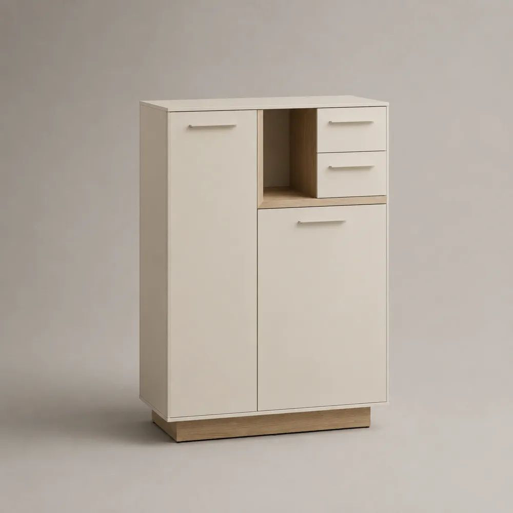 Credenza alta in pannello truciolare bianco e rovere con 2 ante, 2 cassetti e vano aperto, 80 x 40 x 110 cm