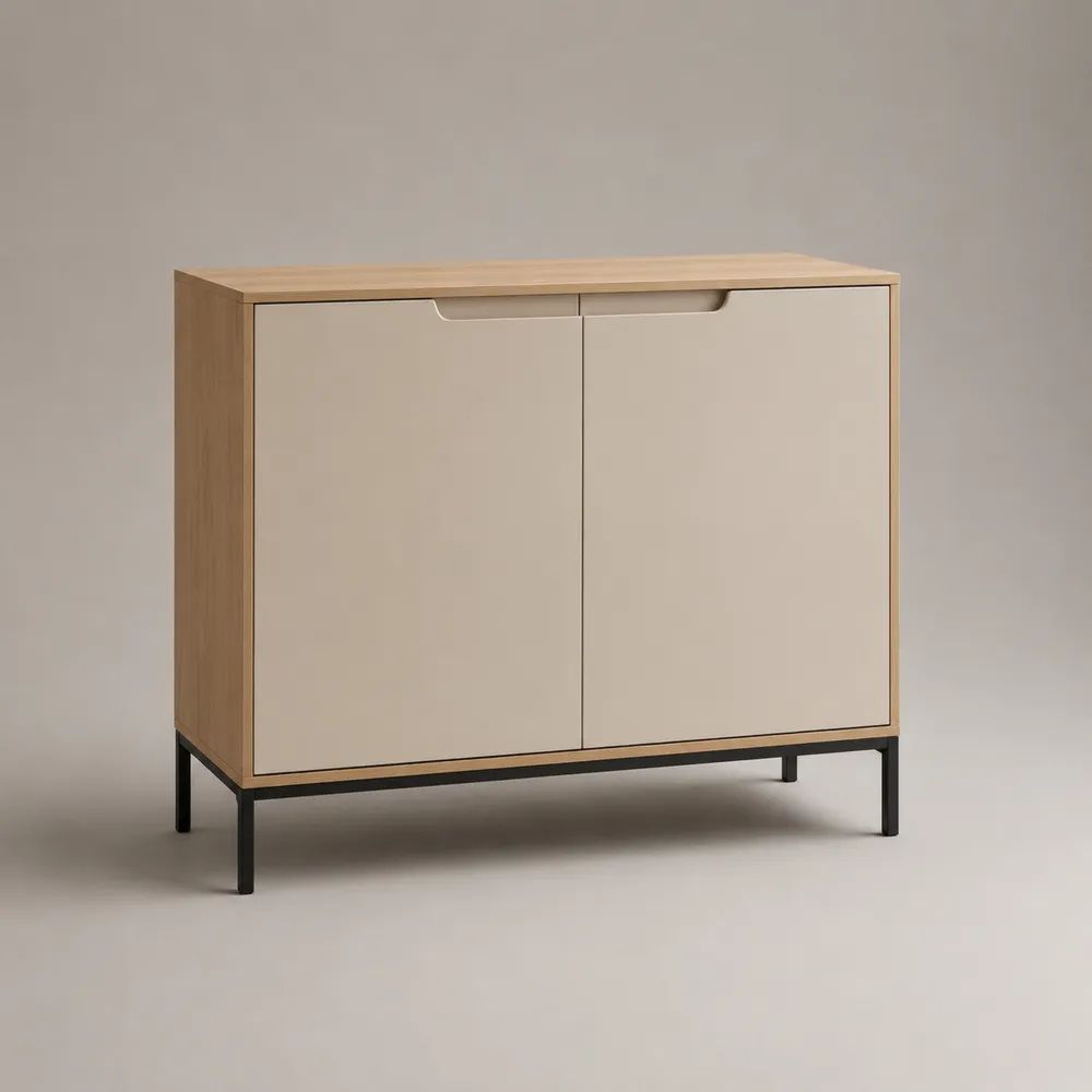 Credenza rettangolare a 2 ante beige e rovere naturale in MDF e acciaio, 80 x 35 x 80 cm