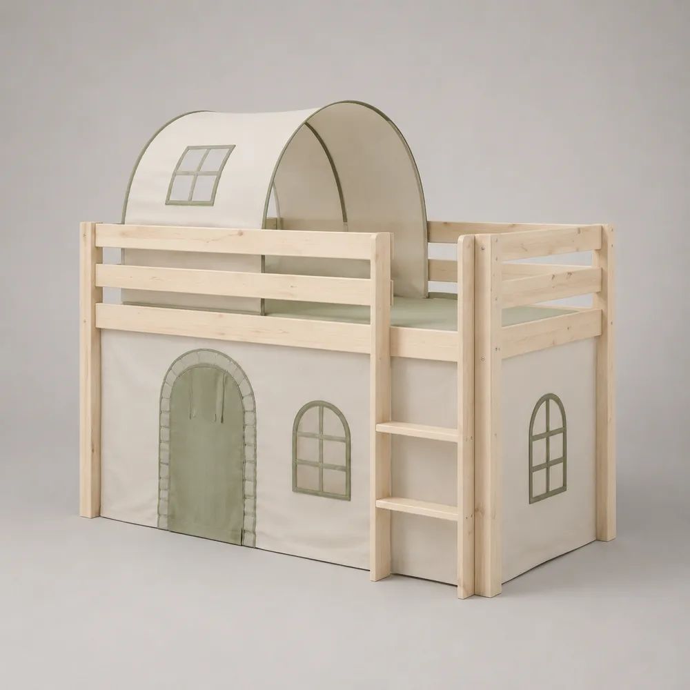Letto a soppalco per bambini 90 x 200 cm in pino massello con tenda, tunnel e scaletta, naturale, beige e verde salvia