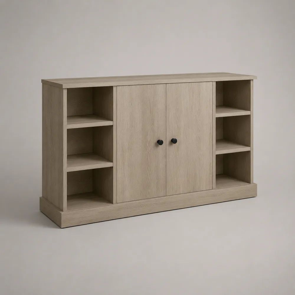 Credenza in truciolare melaminico effetto rovere chiaro con dettagli neri, 2 ante e 6 vani aperti, 150 × 40 × 90 cm