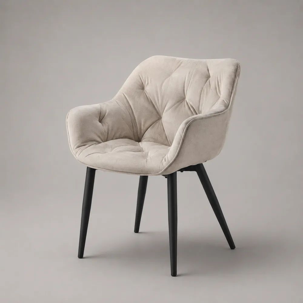 Sedia da pranzo imbottita con braccioli, rivestimento in poliestere beige e gambe in acciaio nero, 62 x 62 x 85 cm