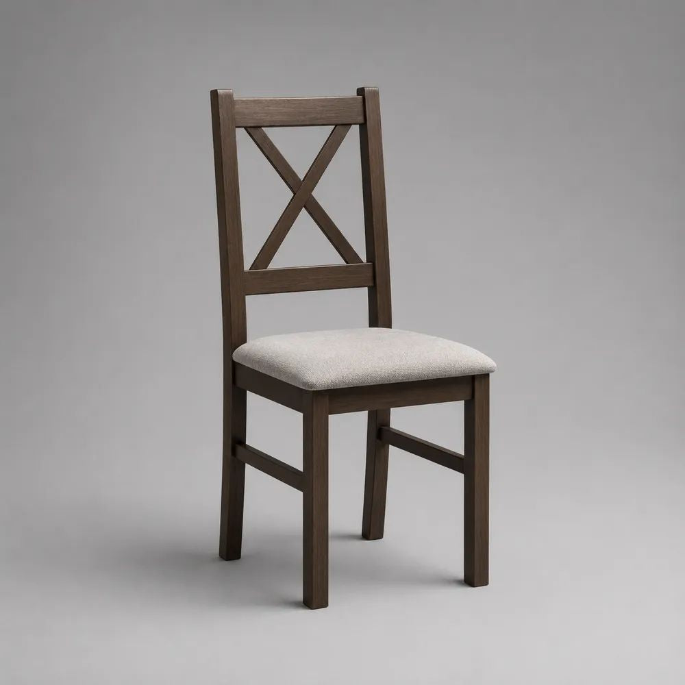 Sedia da pranzo in legno massello con seduta imbottita e schienale a croce, marrone scuro e beige, 43 × 50 × 92 cm