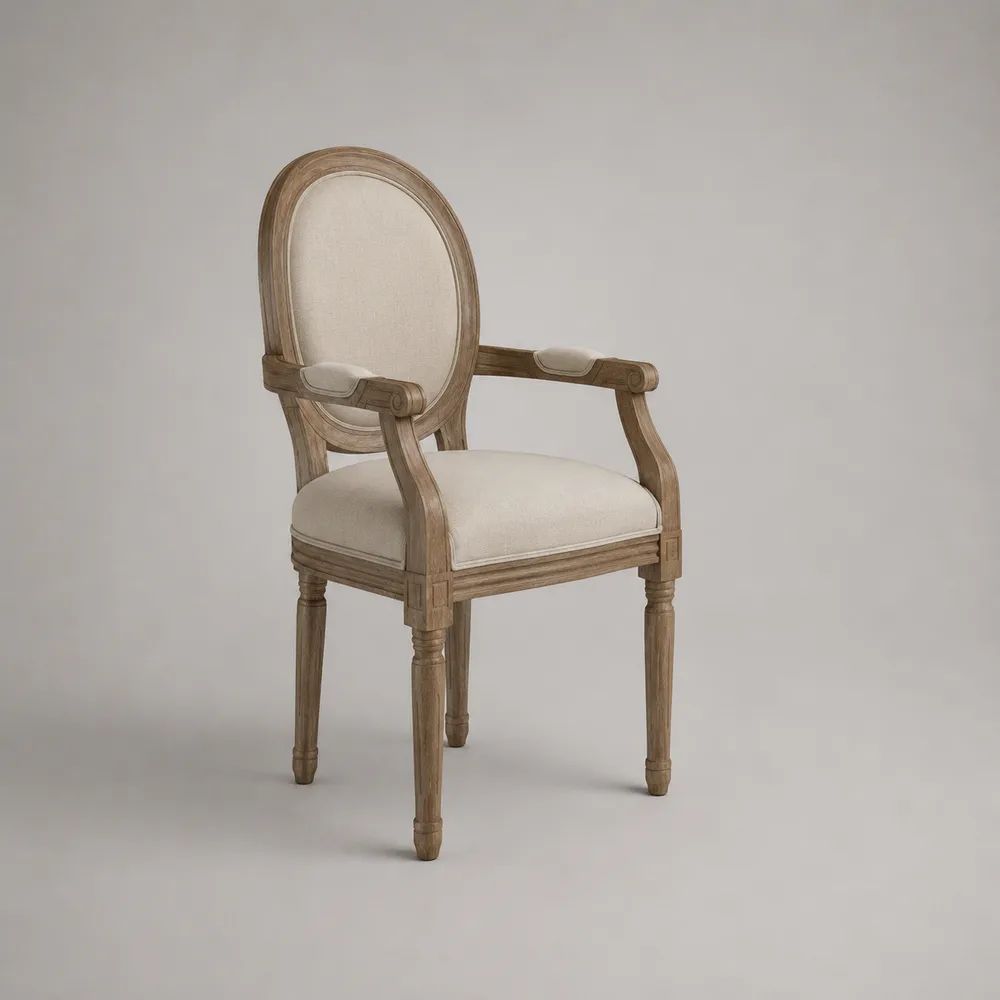 Poltroncina da pranzo con braccioli in legno e tessuto crema, schienale ovale, 58 × 60 × 97 cm