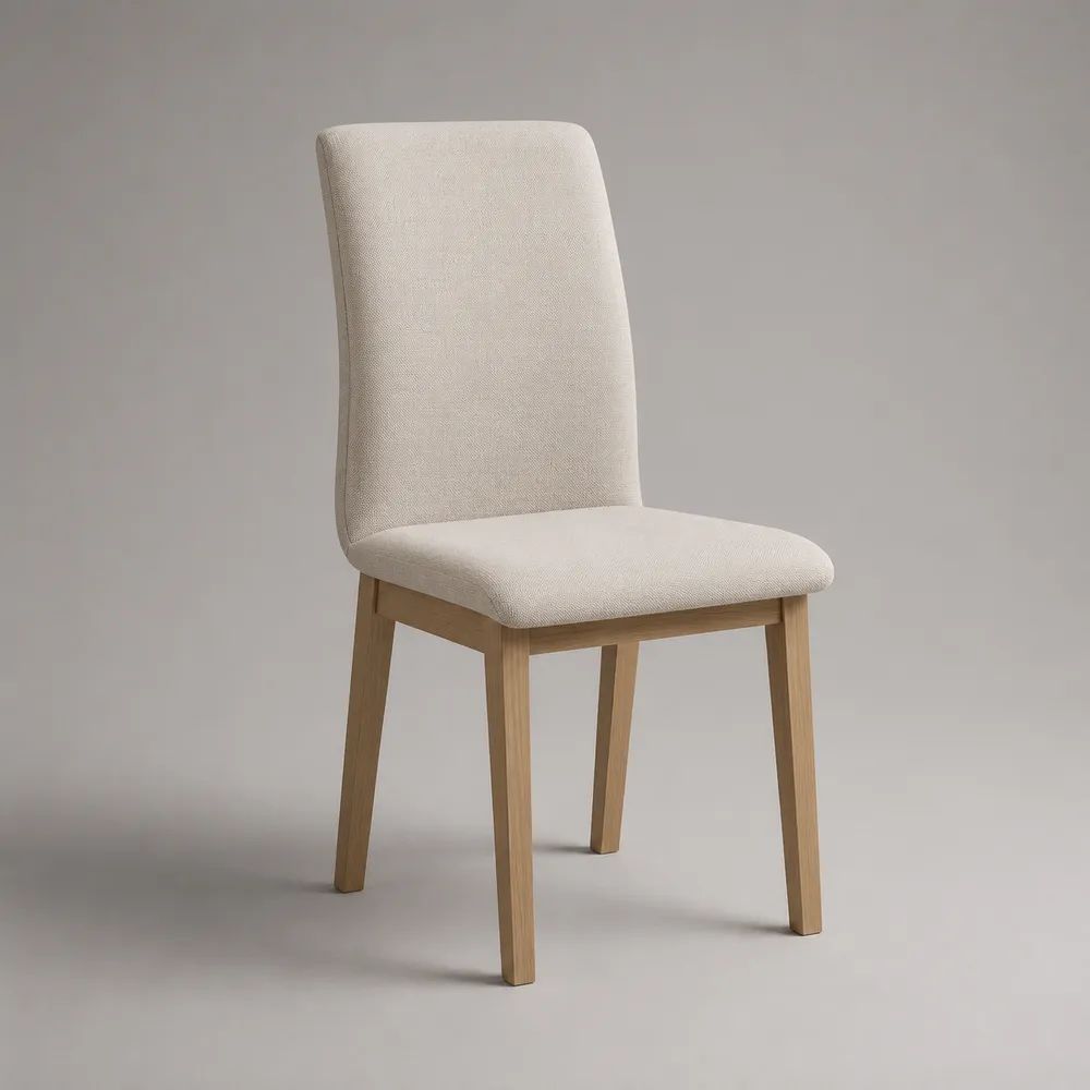 Sedia da pranzo imbottita in tessuto beige con struttura in legno marrone chiaro, 46 x 56 x 91 cm