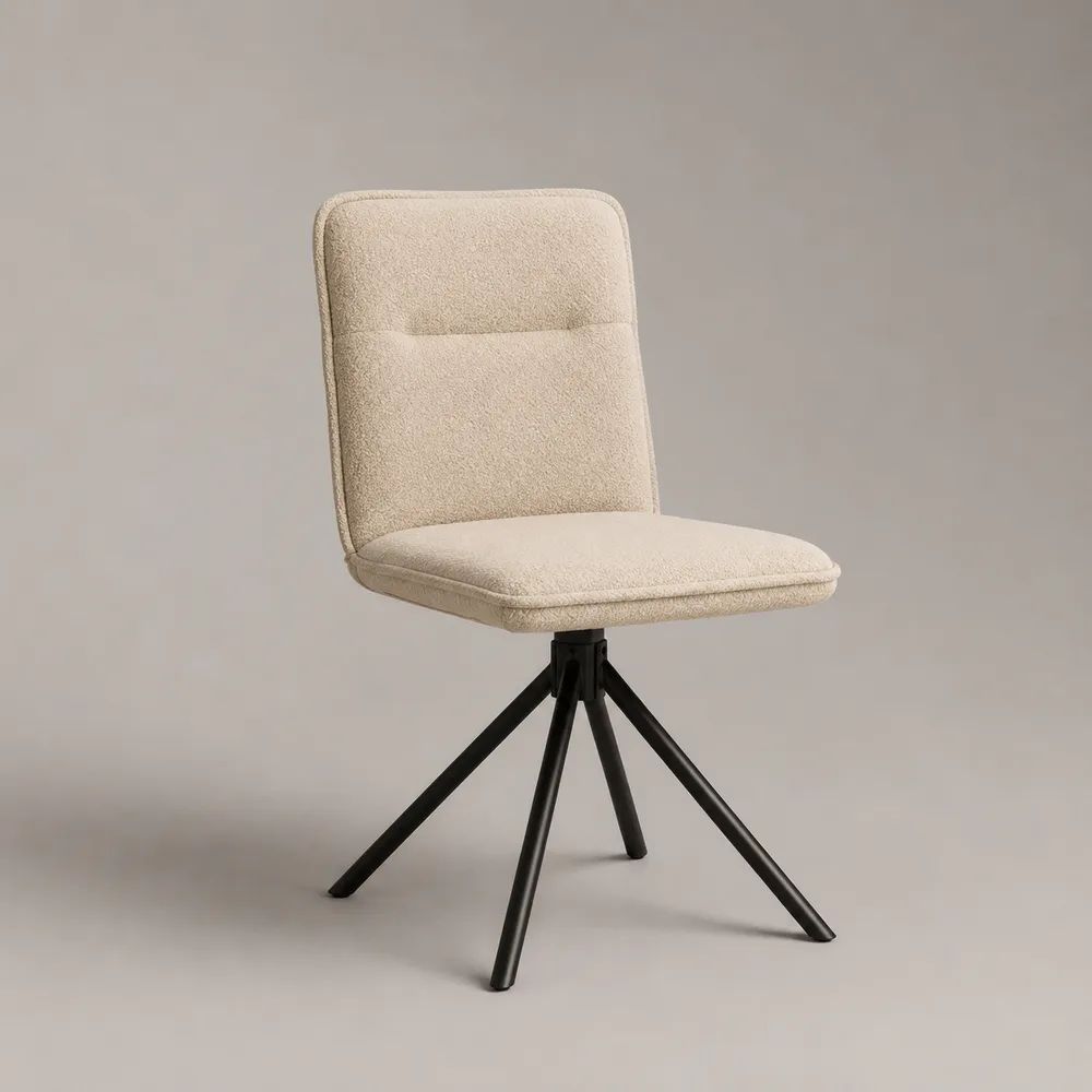 Sedia da pranzo girevole in tessuto bouclé crema con base in acciaio nero, 49 × 57 × 82 cm