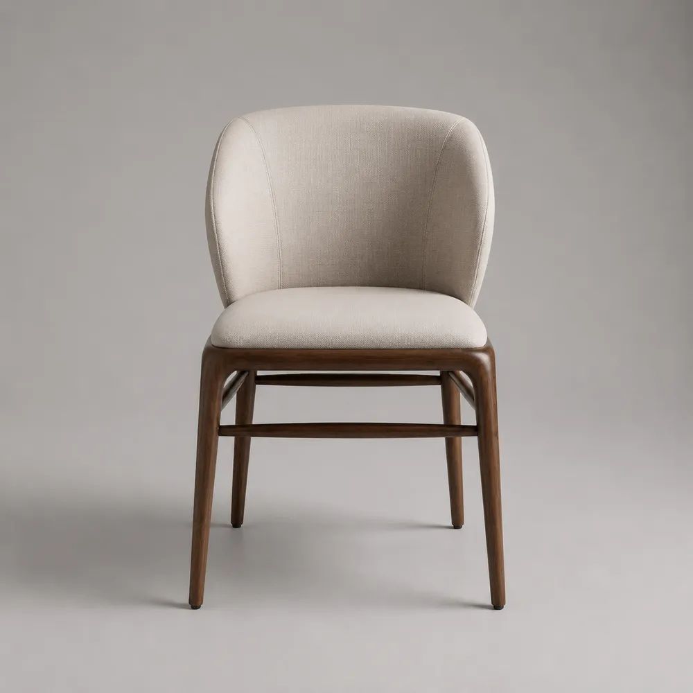 Sedia da pranzo imbottita in tessuto e legno massello, schienale curvo, beige e marrone noce, 55 × 58 × 80 cm