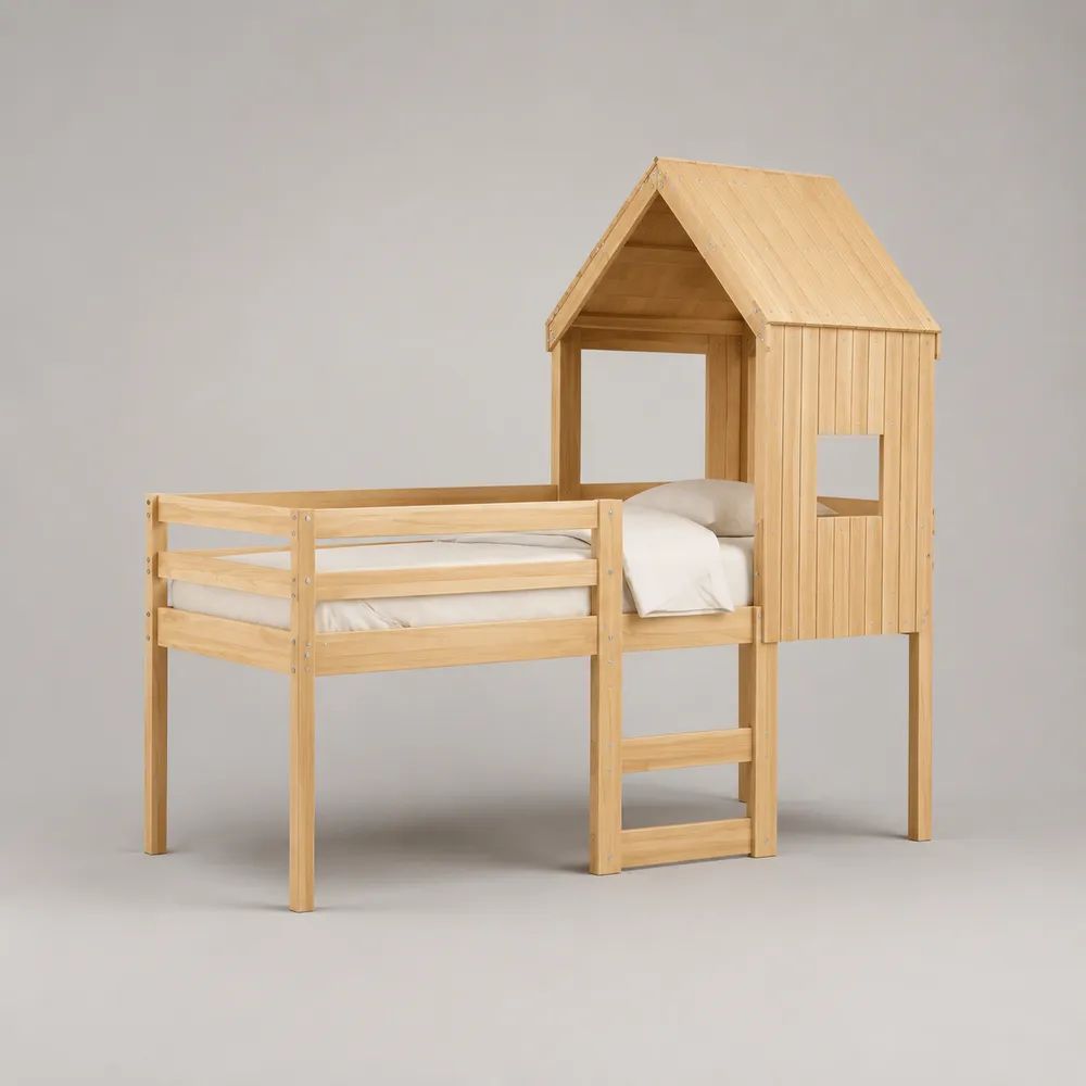 Letto a soppalco per bambini 90 x 200 cm in legno naturale con casetta, sponde e scala, 209 x 127 x 220 cm