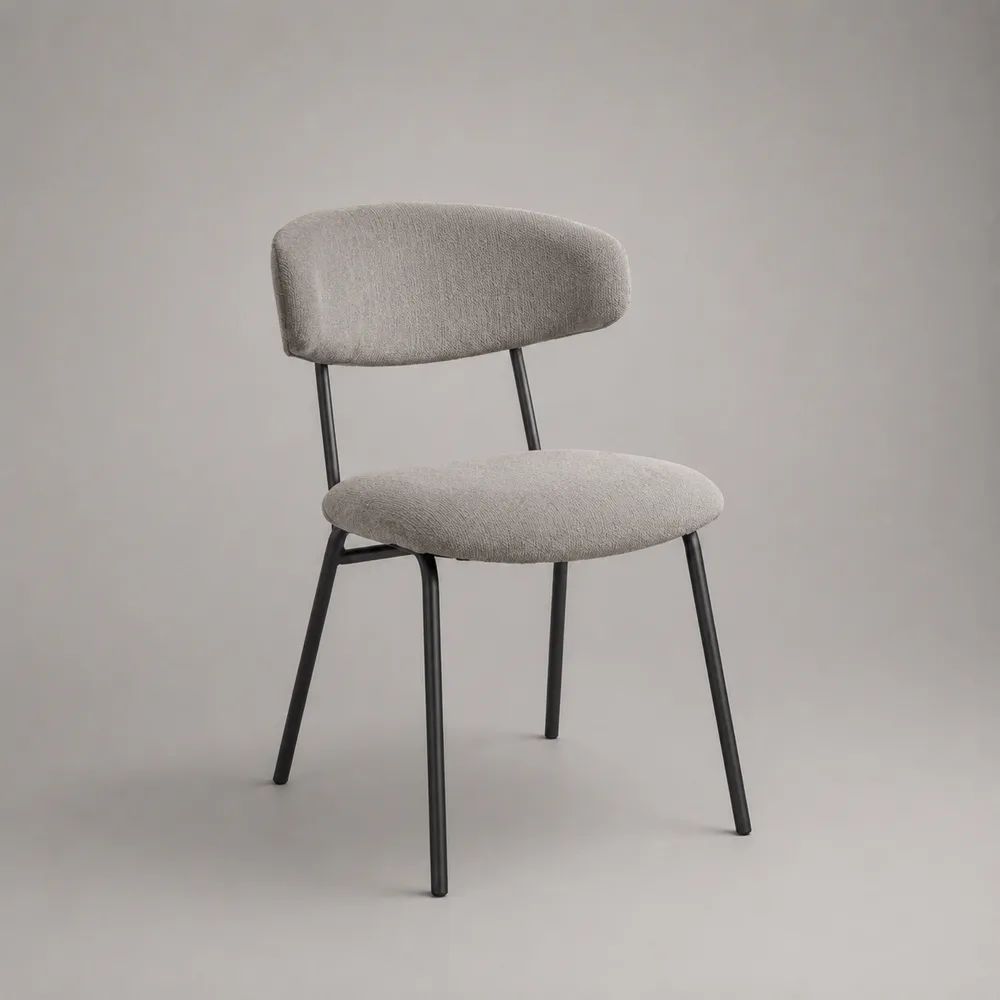 Sedia da pranzo imbottita in tessuto bouclé e acciaio, grigio chiaro e nero, 51 × 54 × 78 cm